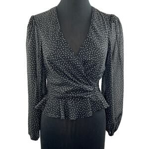 JILL JILL STUART Black White Polka Dot Chiffon Faux Wrap Ruffle Hem Blouse 4